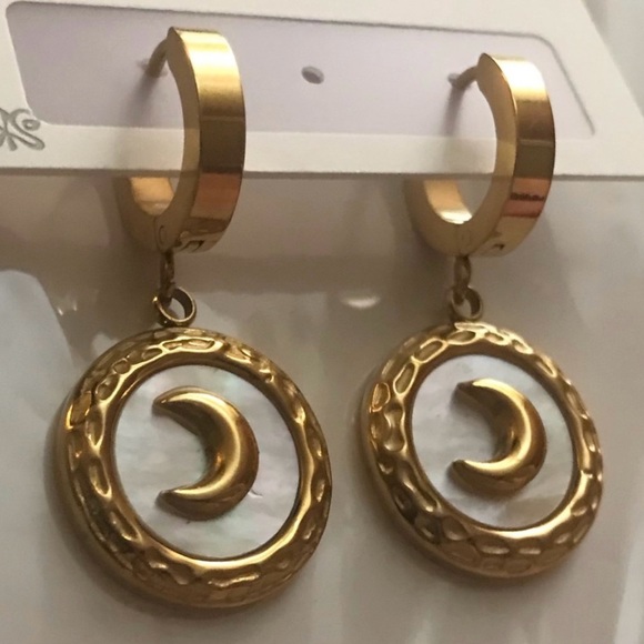 “Mother of Pearl Crescent Moon” Rainbow Iridescent Celestial Gold Steel Hoops - Picture 5 of 17